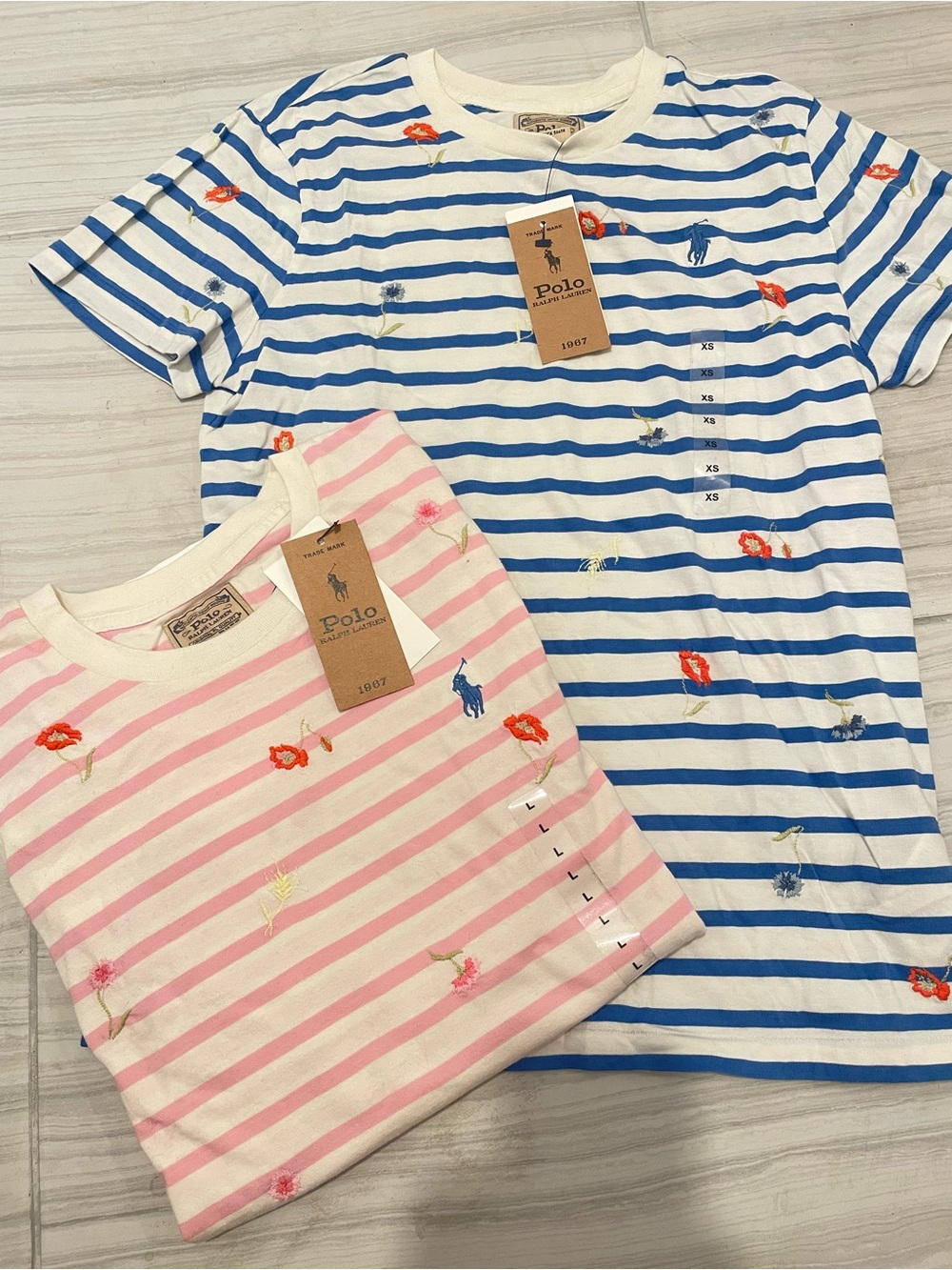 Polo by Ralph Lauren womenStriped Floral Embroidered Tees - Blue & Pink
